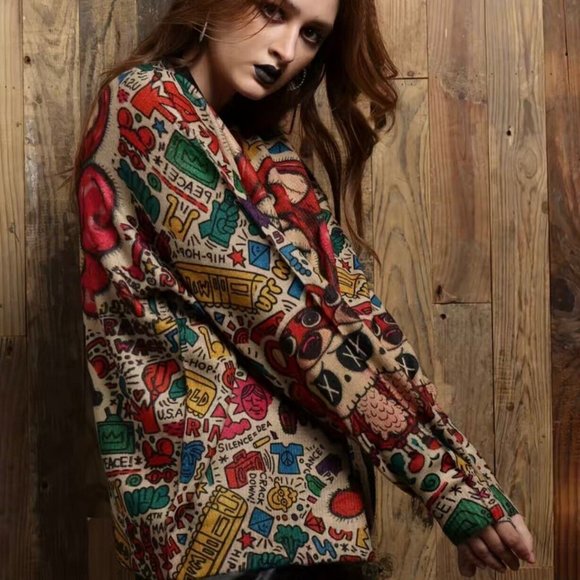 Womens Pullover Sweater Small Beige Red Stretch Crew Neck Print Bear Dolls Relax - Picture 5 of 16